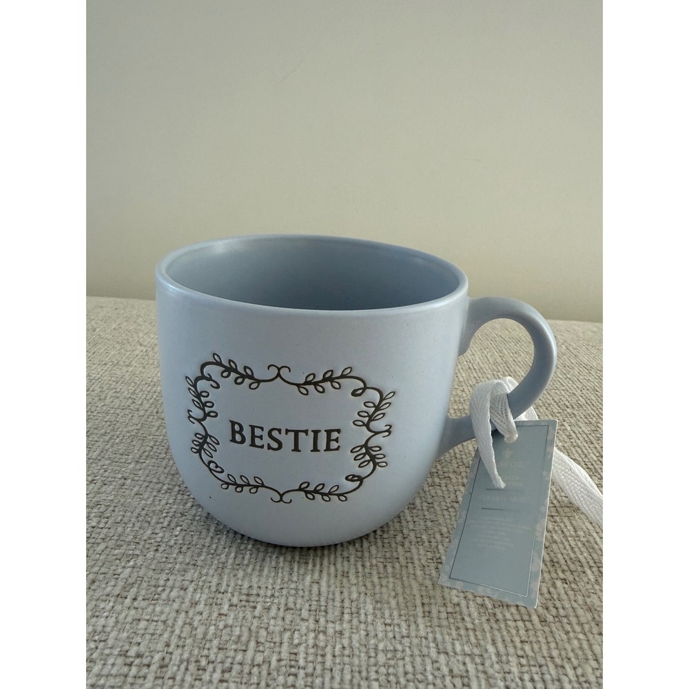 Shabby Chic Coffee/Tea Mug Cup "Bestie" Light Blue 16 Oz Friendship Day Gift